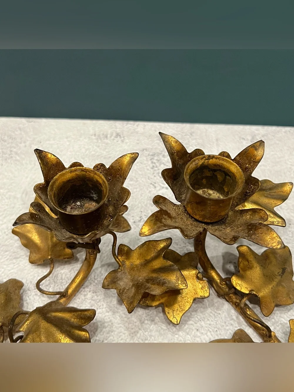 Vintage MCM Italian Gilt Metal Tole Candle Holder Set Ivy Leaf Hollywood Regency